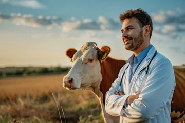 Foto auf Glas Veterinarian with a cow in a field © InfiniteStudio