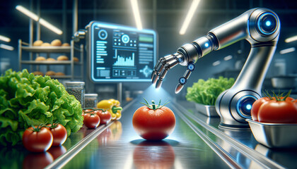 High-tech food quality control with robotic arm analyzing ripe tomato in modern kitchen.