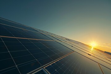 Solar panels on building roof with rising sun on the horizon