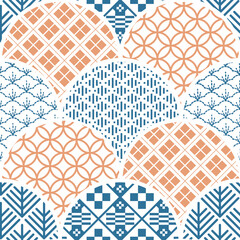 Japanese template vector. Line pattern in Asian style with Chinese background in oriental arts. Blue and orange element and geometric background	
