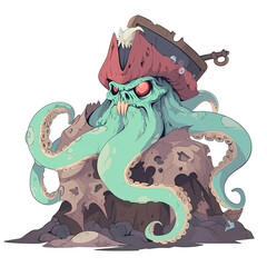 a Giant octopus with red eyes wearing a pirate hat