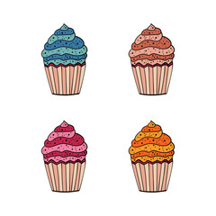 Set of colorful muffins with whipped cream and seeds on top. Hand drawn cupcake dessert in doodle sketch style. For menu, bar, coffee shop, cafe, restaurant.