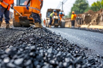 Workers in orange vests repairing road, worker with shovel on asphalt