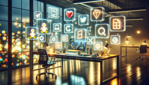 Dynamic workspace with holographic screens showcasing iconic operating systems.