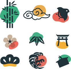 Japanese traditional icon vector. Geometric logo and symbol elements. Colorful object decoration in vintage. Fuji mountain, Cherry blossom flower, Bonsai, bamboo, cloud, wave, sign.