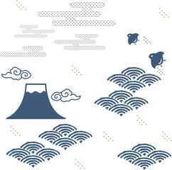 Japanese seamless pattern with geometric pattern vector. Asian background with oriental decoration in vintage style template. Fuji mountain, bonsai tree, cloud and wave elements.