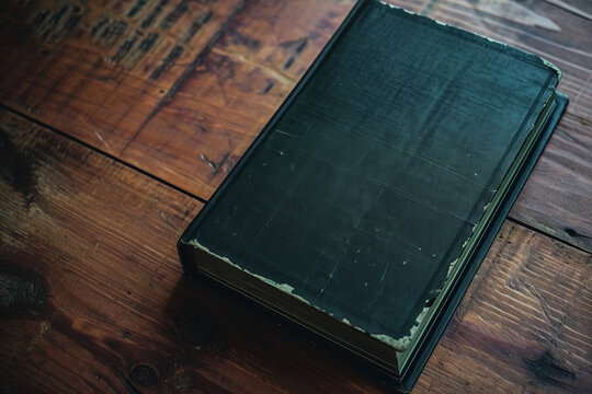 a black hardcover book with a green cover, in the style of victorian engravings, textured shading, symmetrical arrangement
