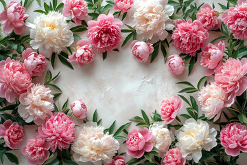 a lot of Buds of beautiful fresh peonies lie, uncluttered, top view, elegance, aesthetic, style, minimalism, beauty