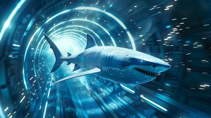 Futuristic Shark Traveling Through a Tunnel of Light