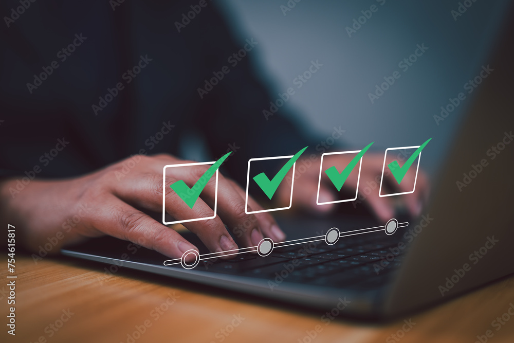 Poster Checklist Steps, Rating Selection for QA Quality Assurance improvement. Standardization, certification. Online survey questionnaire with progress bar for compliance with regulations service.