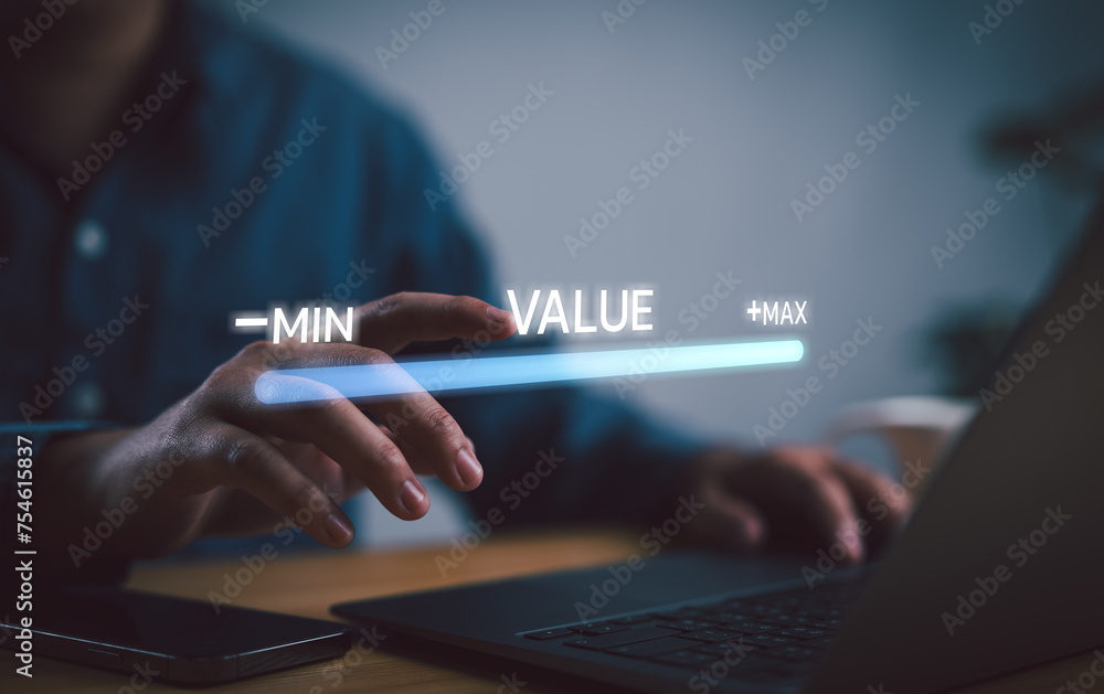 Poster businessman use computer laptop to choose value of progress bar on virtual screen to increase value 