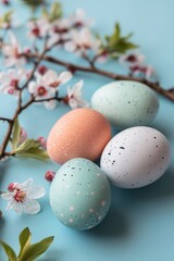 Naklejka na ściany i meble Colorful Easter eggs with apple tree branches. Generative AI