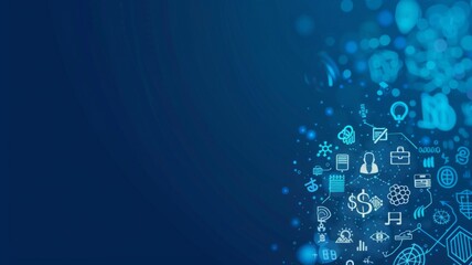 Abstract Conceptual Blue Technology Network Background - Blue technology background with interconnected digital icons representing various concepts