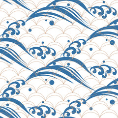 Blue and brown brush stroke texture with Japanese chinses cloud and wave pattern in vintage style.