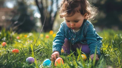 Gardinen Child collecting Easter eggs in grass, blurred face - Image captures a young child engaged in the whimsical tradition of an Easter egg hunt in a lush garden © Tida