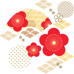 Red Cherry blossom flower element. Red and yellow natural and geometric background pattern in Japanese style