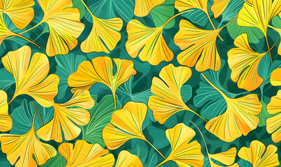 Naklejka na ściany i meble Yellow ginkgo biloban leaves hand drawn colourful green and yellow background, Generative AI 