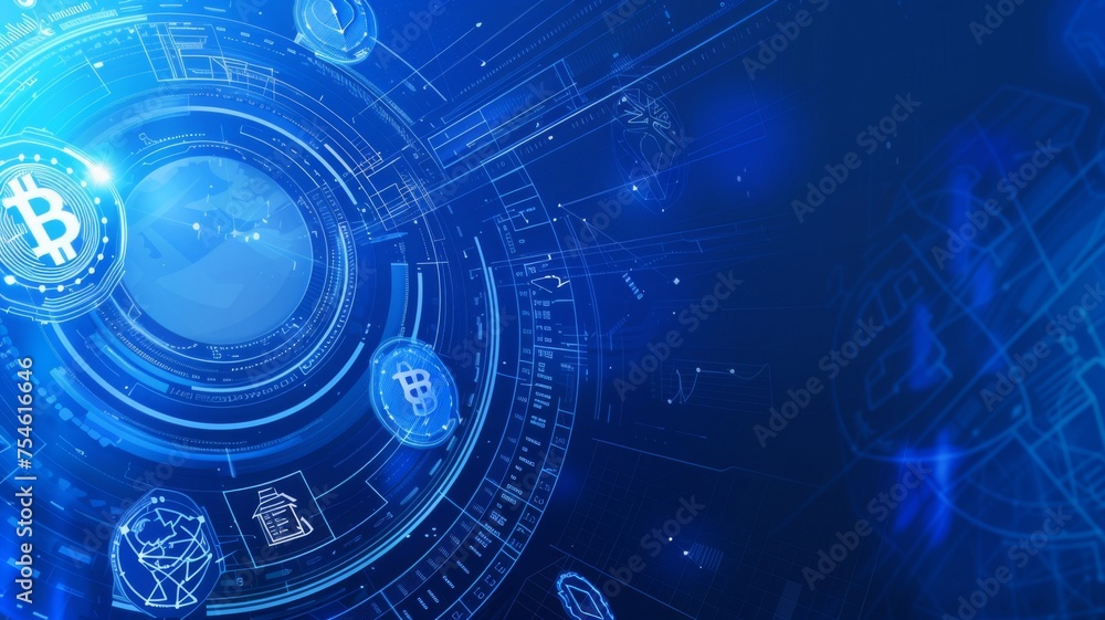 Poster futuristic bitcoin and cryptocurrency concept design - a deep blue digital image presenting a futuri