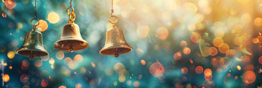 Poster glowing bells with abstract bokeh lights - a trio of vintage bells against an abstract background of