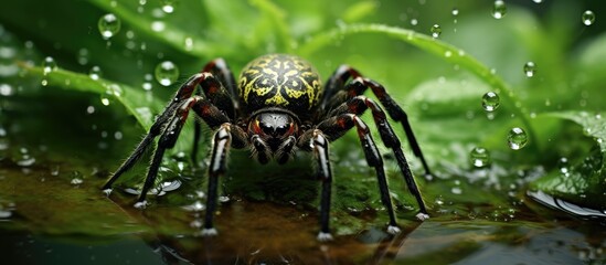 A large spider with lengthy legs sits on top of a green leaf, surrounded by lush greenery. Water droplets glisten on the leaf, adding to the scene.
