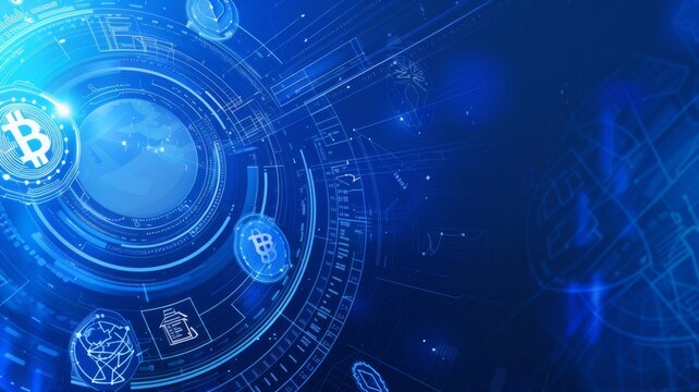 Futuristic Bitcoin and Cryptocurrency Concept Design - A deep blue digital image presenting a futuristic look at cryptocurrency with Bitcoin symbols