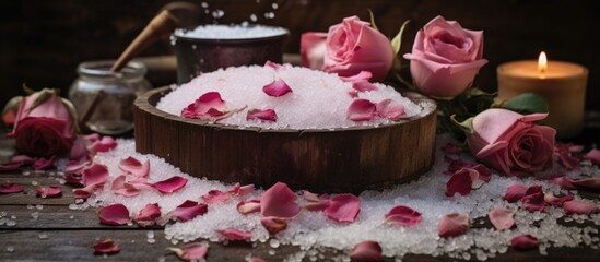 Obraz na płótnie Canvas A wooden bowl filled with pink roses is placed next to a lit candle on an old wooden surface. The scene is surrounded by scattered rose petals, as salt and soap are also visible.
