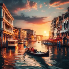 The Grand Canal of Venice, with a traditional gondola gracefully gliding over the water, surrounded by ancient buildings bathed in the glow of sunset