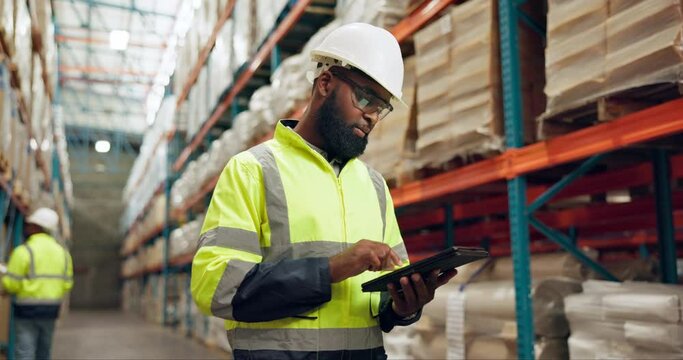 Manufacturing, warehouse and black man with tablet for inspection, inventory and online stock. Shipping, distribution and person on digital tech for logistics, maintenance and checklist in factory