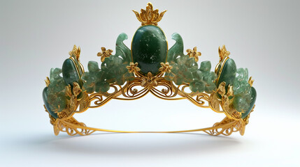  Exotic jade and gold crown, captured in ultra HD detail on a clean white background, showcasing...