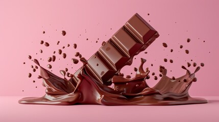 Levitating chocolate bar with splashing chocolate on pastel color background, copy space for text