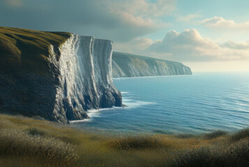Beautiful seascape with cliffs and sailing boat. 3d render