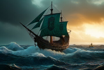 Sailing ship in the sea at sunset. 3D illustration. - obrazy, fototapety, plakaty
