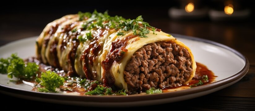 A plate on a wooden table holds a serving of Beef Rolade, which is minced beef seasoned with onions and pepper, wrapped in omelet, and steamed. The dish is presented with selective focus, showcasing