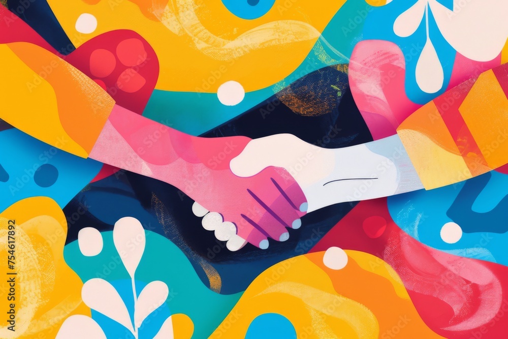 Poster handshake with colorful abstract background - a graphic handshake set against a bright abstract back