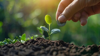 Hand planting coin seedling concept eco investment - The concept of eco-friendly investment and growth represented by hand planting coin seedling in soil