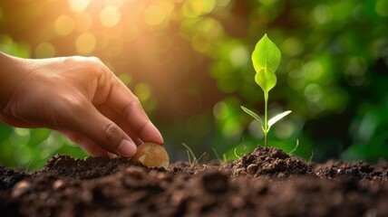 Hand planting coin next to seedling growth - A hand placing a coin in soil beside a small growing plant under sunlight, depicting investment and growth