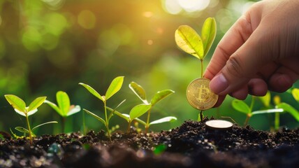 Naklejka premium Hand with Bitcoin adds to financial growth concept - The hand placing Bitcoin among young plant shoots depicts financial growth in the digital currency world