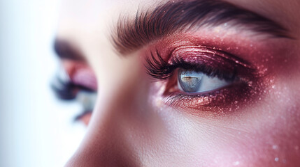  Mystical pink and bronze smoky eye makeup on a face, showcased against a pure white background