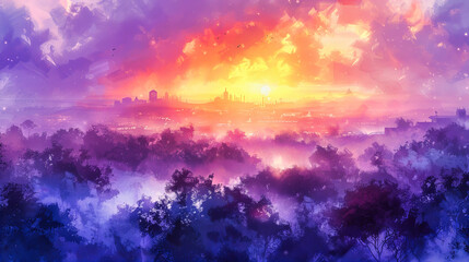 Obraz premium Skyline at Dusk: The Transition of Day to Night Over a City, Capturing the Last Rays of Sunlight Against Urban Silhouettes