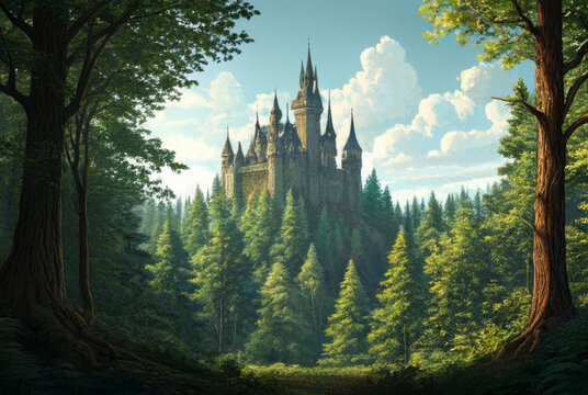 Beautiful fantasy landscape with castle in the forest. 3d render