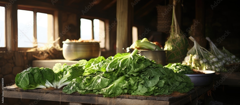 Poster a wooden table is fully covered with a variety of fresh lettuce leaves. the vibrant green colors of 