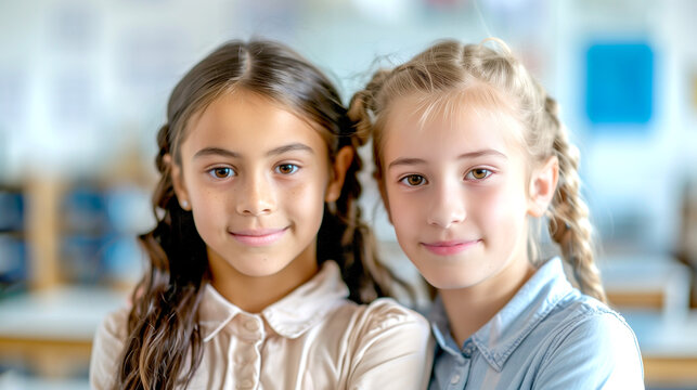 Portrait of Two Happy Schoolgirls Looking at Camera on Blurred School Background