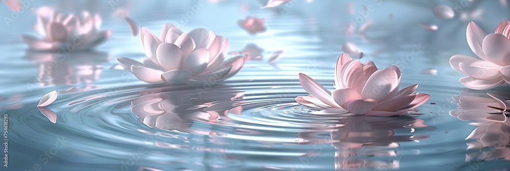 Poster ponds reflecting spring blooms with soft ripples, creating abstract background of movement and life.