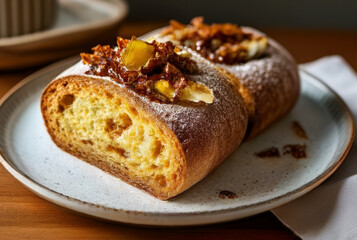 Crispy toasts with apple jam on a wooden table.