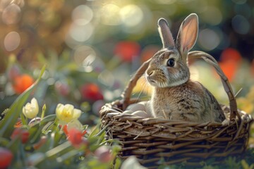 Fototapeta na wymiar Rabbit nestled in a basket among Easter eggs - A serene bunny sits within a woven basket, surrounded by Easter eggs and spring blooms in a sunlit setting