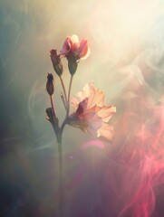Radiant flowers blooming against smoky backdrop - A blooming flower basks in ethereal light with a smoky background, evoking the fragility and transient nature of life