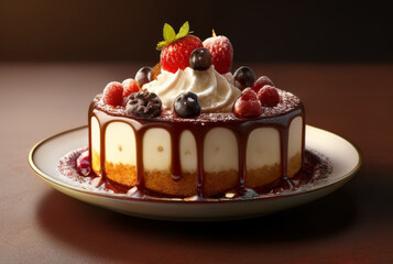 Delicious cake with raspberries and chocolate on plate on wooden table