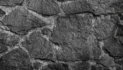 Backdrop of black and white. Black rock texture. Close-up. Stone wall background for design. Copy space. Wide banner.