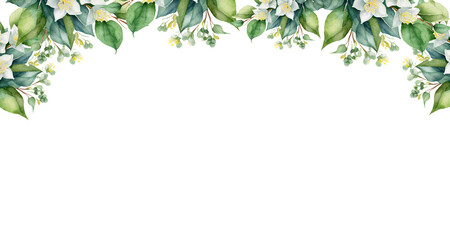 watercolor jasmine flower isolated on white background. border corner. jamine leaves PNG - obrazy, fototapety, plakaty