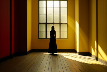 Young woman in long black dress standing in room with big window and rays of light